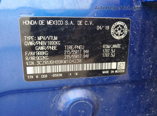 3CZRU6H99KM104238 2019 HONDA HR-V Blue Вид наклейки з VIN-кодом