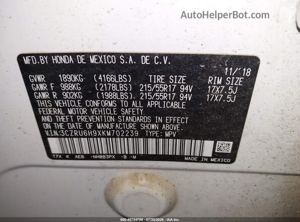 3CZRU6H9XKM702239 2019 HONDA HR-V White ძრავის განყოფილების ხედი