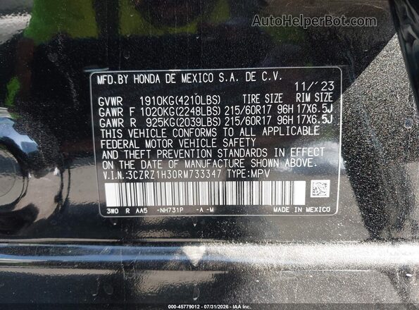 3CZRZ1H30RM733347 2024 HONDA HR-V Black Engine compartment view