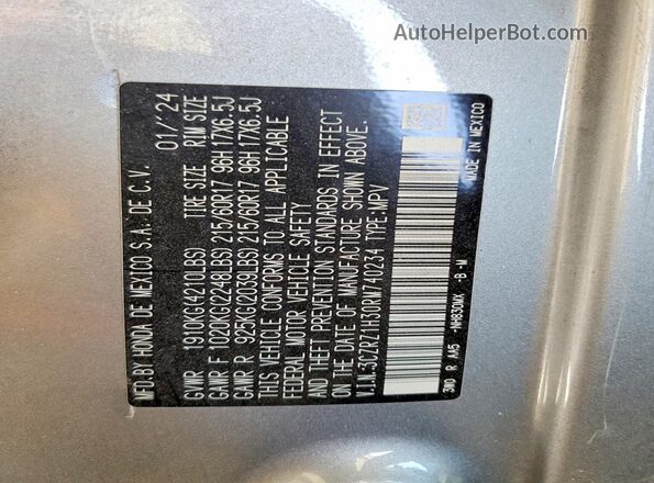 3CZRZ1H30RM740234 2024 HONDA HR-V Silver Вид підкапотного простору