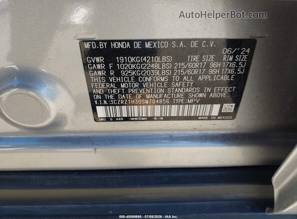 3CZRZ1H30SM704856 2025 HONDA HR-V Серебряный Вид подкапотного пространства