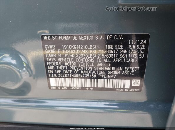 3CZRZ1H30SM735458 2025 HONDA HR-V Gray ძრავის განყოფილების ხედი