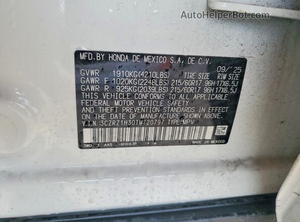 3CZRZ1H30TM720797 2026 HONDA HR-V White Вид наклейки з VIN-кодом