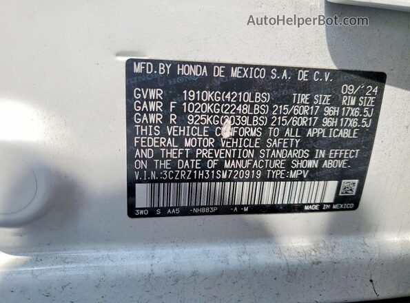 3CZRZ1H31SM720919 2025 HONDA HR-V White VIN sticker view
