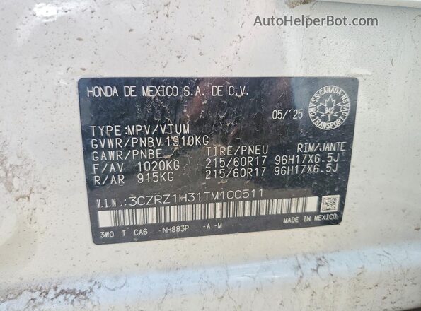 3CZRZ1H31TM100511 2026 HONDA HR-V White Вид наклейки з VIN-кодом
