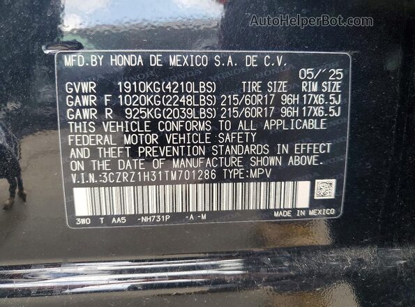 3CZRZ1H31TM701286 2026 HONDA HR-V Black VIN კოდის სტიკერის ხედი