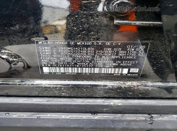 3CZRZ1H31TM735177 2026 HONDA HR-V Black Вид наклейки з VIN-кодом