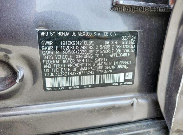 3CZRZ1H32RM745242 2024 HONDA HR-V Gray VIN sticker view