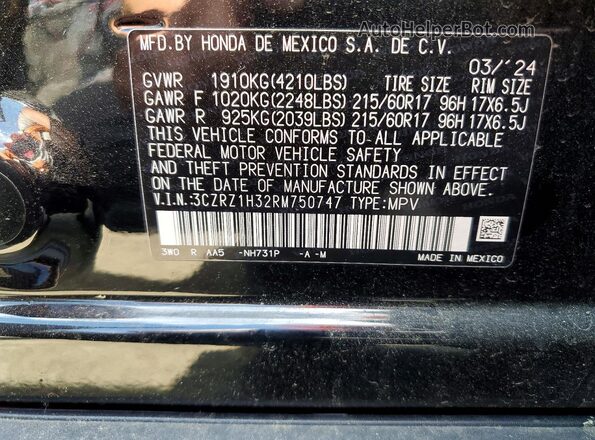 3CZRZ1H32RM750747 2024 HONDA HR-V Black Widok komory silnika