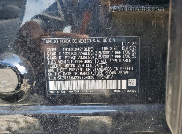 3CZRZ1H32SM734926 2025 HONDA HR-V Black VIN կոդի պիտակի տեսք