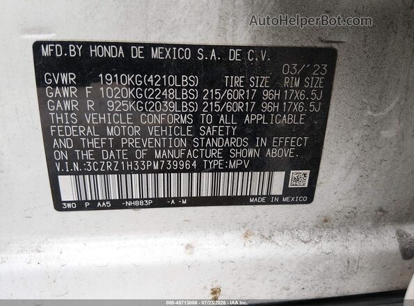 3CZRZ1H33PM739964 2023 HONDA HR-V White Շարժիչի բաժամունքի տեսք