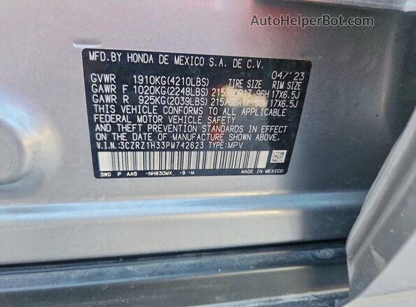 3CZRZ1H33PM742623 2023 HONDA HR-V Gray Вид наклейки з VIN-кодом