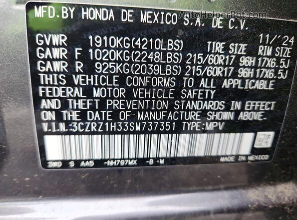 3CZRZ1H33SM737351 2025 HONDA HR-V Gray VIN sticker view