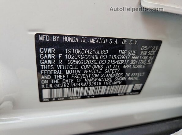 3CZRZ1H34RM702618 2024 HONDA HR-V White Вид наклейки з VIN-кодом