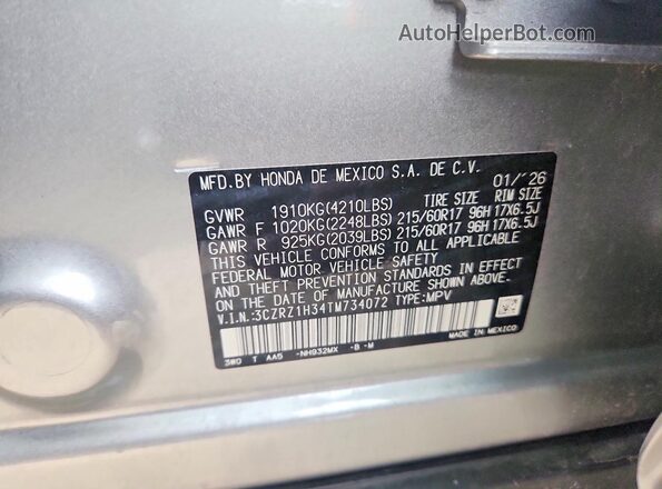3CZRZ1H34TM734072 2026 HONDA HR-V Silver VIN sticker view