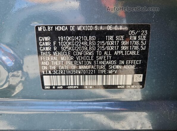 3CZRZ1H35RM701221 2024 HONDA HR-V Blue VIN sticker view