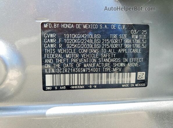 3CZRZ1H36SM754001 2025 HONDA HR-V Silver Widok wnętrza 360 stopni