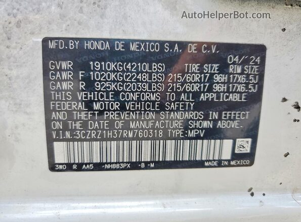 3CZRZ1H37RM760318 2024 HONDA HR-V White VIN կոդի պիտակի տեսք