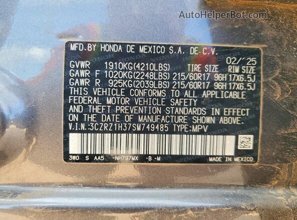 3CZRZ1H37SM749485 2025 HONDA HR-V Charcoal სალონის 360-გრადუსიანი ხედი