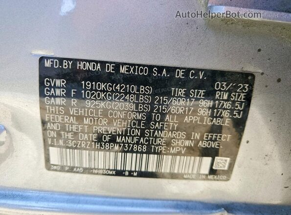 3CZRZ1H38PM737868 2023 HONDA HR-V Silver VIN sticker view