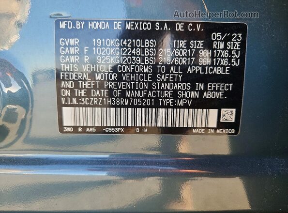 3CZRZ1H38RM705201 2024 HONDA HR-V Teal VIN կոդի պիտակի տեսք