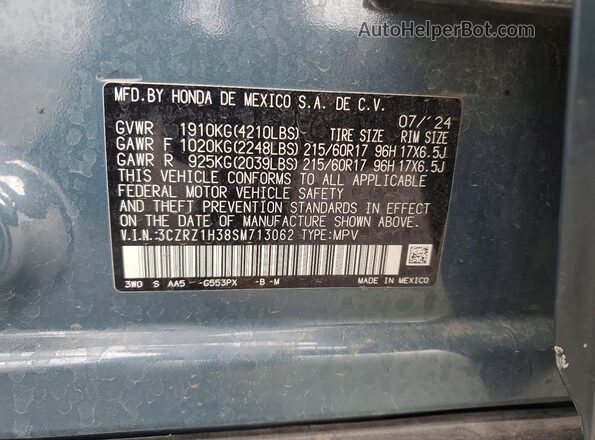3CZRZ1H38SM713062 2025 HONDA HR-V Blue Vista de la etiqueta del VIN
