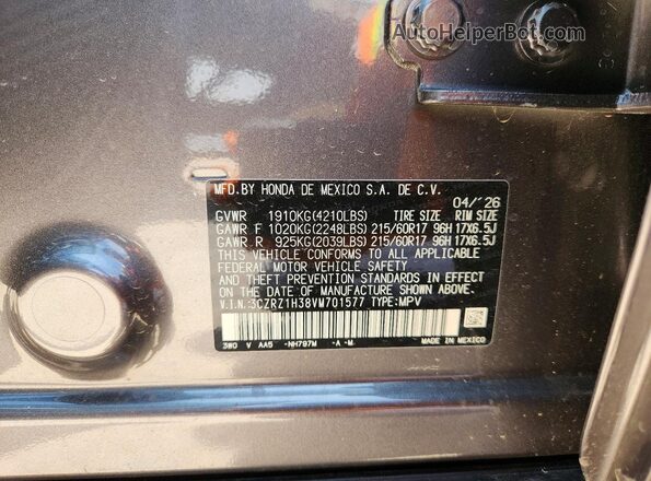 3CZRZ1H38VM701577 2027 HONDA HR-V Charcoal ძრავის განყოფილების ხედი