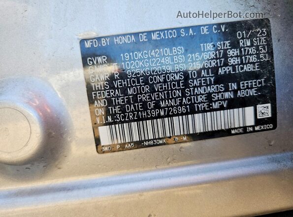 3CZRZ1H39PM726961 2023 HONDA HR-V Серебряный Вид наклейки с VIN-кодом