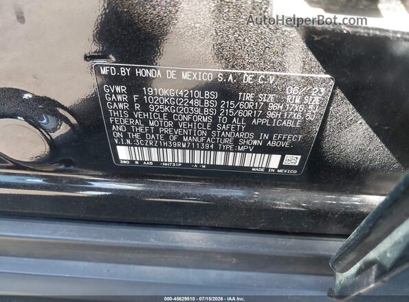 3CZRZ1H39RM711394 2024 HONDA HR-V Black Widok komory silnika