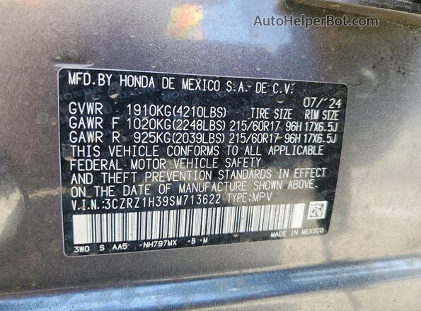 3CZRZ1H39SM713622 2025 HONDA HR-V Gray Вид наклейки з VIN-кодом
