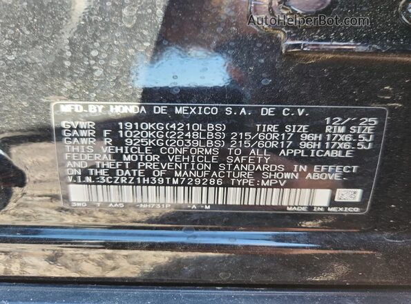 3CZRZ1H39TM729286 2026 HONDA HR-V Black VIN կոդի պիտակի տեսք