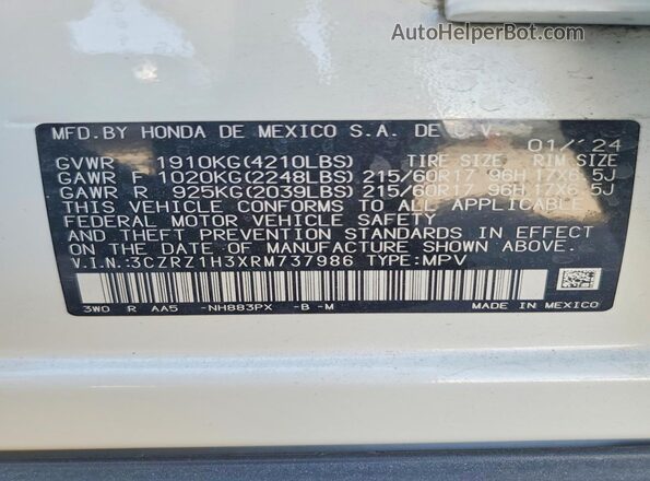 3CZRZ1H3XRM737986 2024 HONDA HR-V White Widok naklejki z numerem VIN