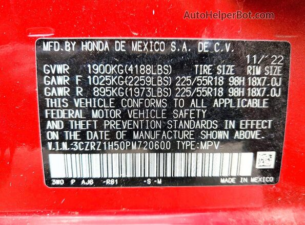 3CZRZ1H50PM720600 2023 HONDA HR-V Red 360 interior view