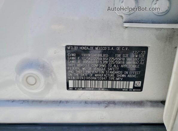 3CZRZ1H50RM733947 2024 HONDA HR-V White Widok naklejki z numerem VIN