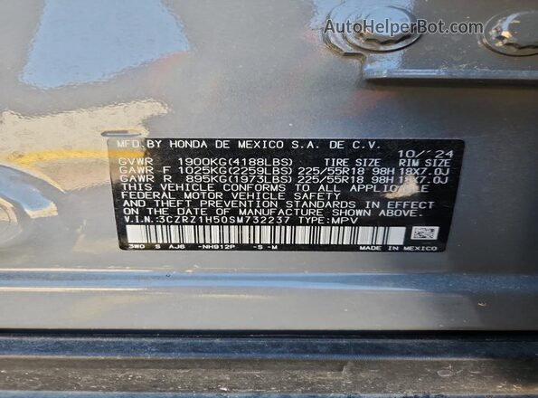 3CZRZ1H50SM732237 2025 HONDA HR-V Gray Vista de la etiqueta del VIN