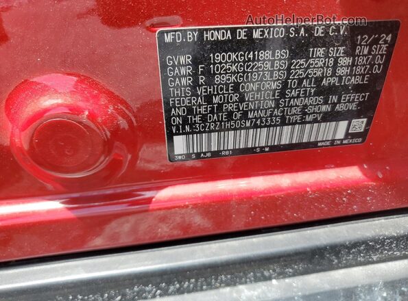 3CZRZ1H50SM743335 2025 HONDA HR-V Red 360 interior view