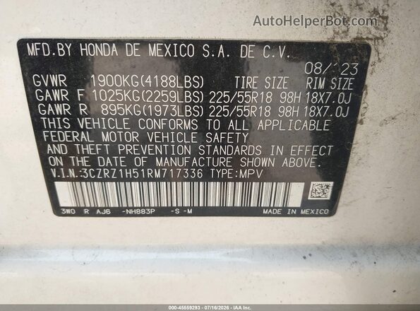 3CZRZ1H51RM717336 2024 HONDA HR-V White Widok komory silnika