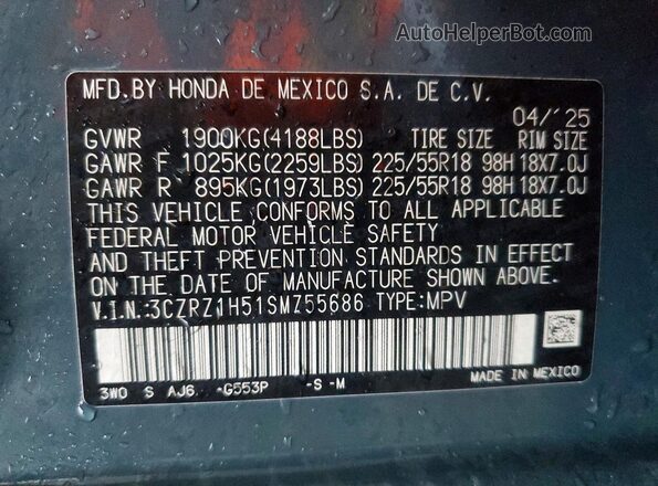 3CZRZ1H51SM755686 2025 HONDA HR-V Blue Vista interior de 360 grados