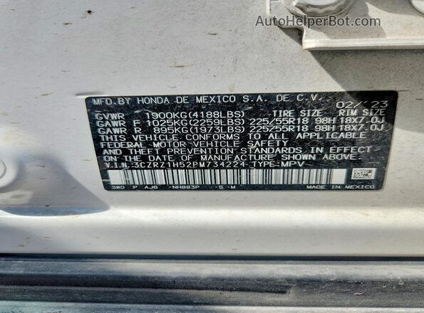 3CZRZ1H52PM734224 2023 HONDA HR-V White VIN sticker view