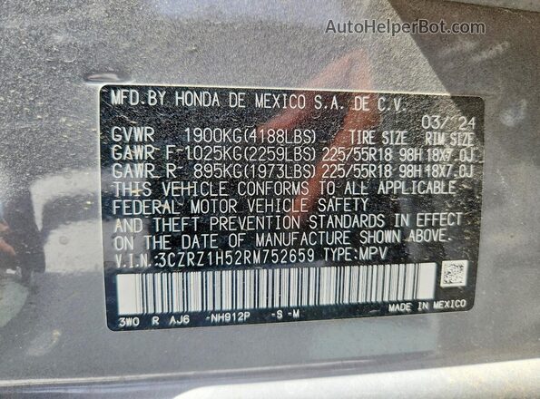 3CZRZ1H52RM752659 2024 HONDA HR-V Gray 360 interior view