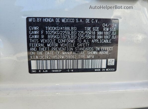 3CZRZ1H52RM759062 2024 HONDA HR-V White VIN կոդի պիտակի տեսք