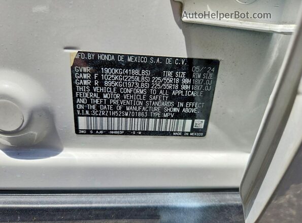 3CZRZ1H52SM701863 2025 HONDA HR-V White Вид наклейки з VIN-кодом