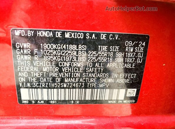3CZRZ1H52SM724673 2025 HONDA HR-V Red Շարժիչի բաժամունքի տեսք