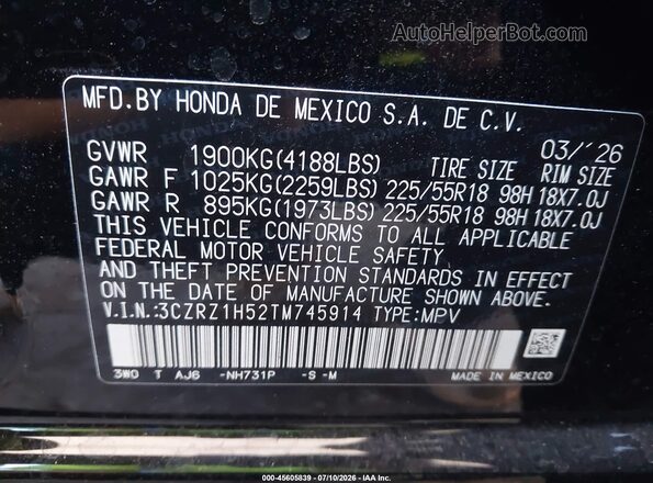 3CZRZ1H52TM745914 2026 HONDA HR-V Black Widok komory silnika