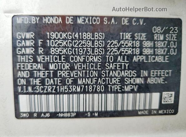 3CZRZ1H53RM718780 2024 HONDA HR-V White VIN sticker view
