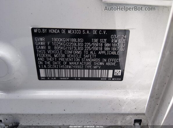 3CZRZ1H53RM749902 2024 HONDA HR-V White Շարժիչի բաժամունքի տեսք