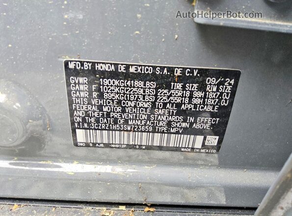 3CZRZ1H53SM723659 2025 HONDA HR-V Gray VIN sticker view