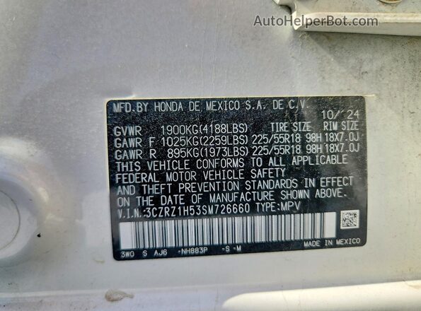 3CZRZ1H53SM726660 2025 HONDA HR-V White Vista de la etiqueta del VIN