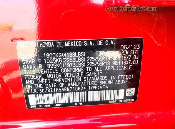 3CZRZ1H54RM710624 2024 HONDA HR-V Red Вид наклейки з VIN-кодом