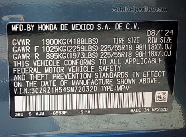 3CZRZ1H54SM720320 2025 HONDA HR-V Turquoise Vista interior de 360 grados